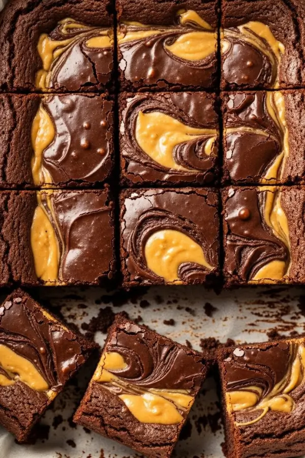 Fudgy chocolate peanut butter brownies with glossy crackled tops and creamy peanut butter swirls, baked in a parchment-lined square pan