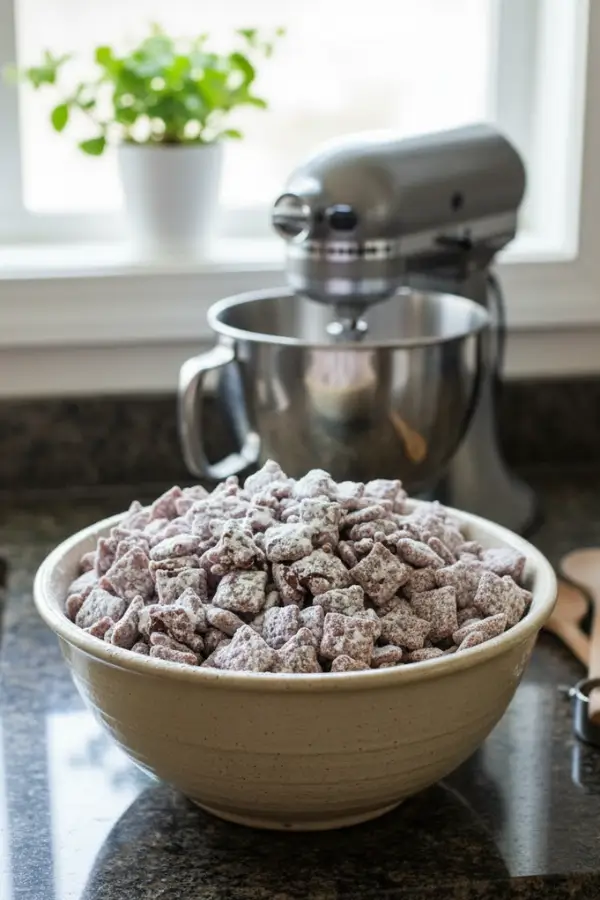Chocolate peanut butter puppy chow snack on kitchen countertop