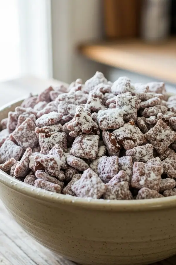 Chocolate peanut butter puppy chow snack mix in a large bowl