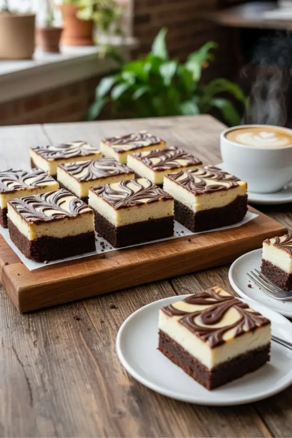 Chocolate cheesecake brownie bars in cozy setting