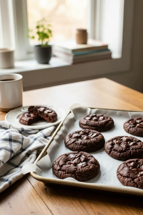 Freshly baked dark chocolate brown sugar cookies on parchment-lined baking sheets