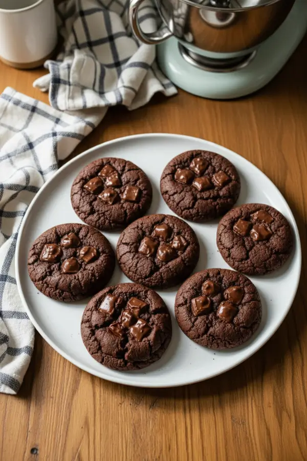 Dark chocolate brown sugar cookies on a plate, thick chewy centers with golden edges