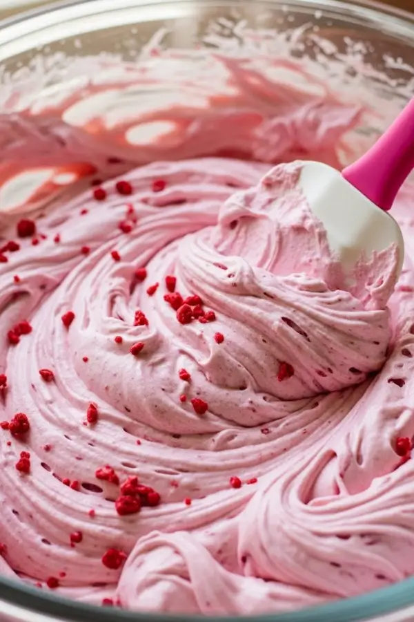 Gently folding fluffy whipped cream and raspberry mixture in a glass bowl