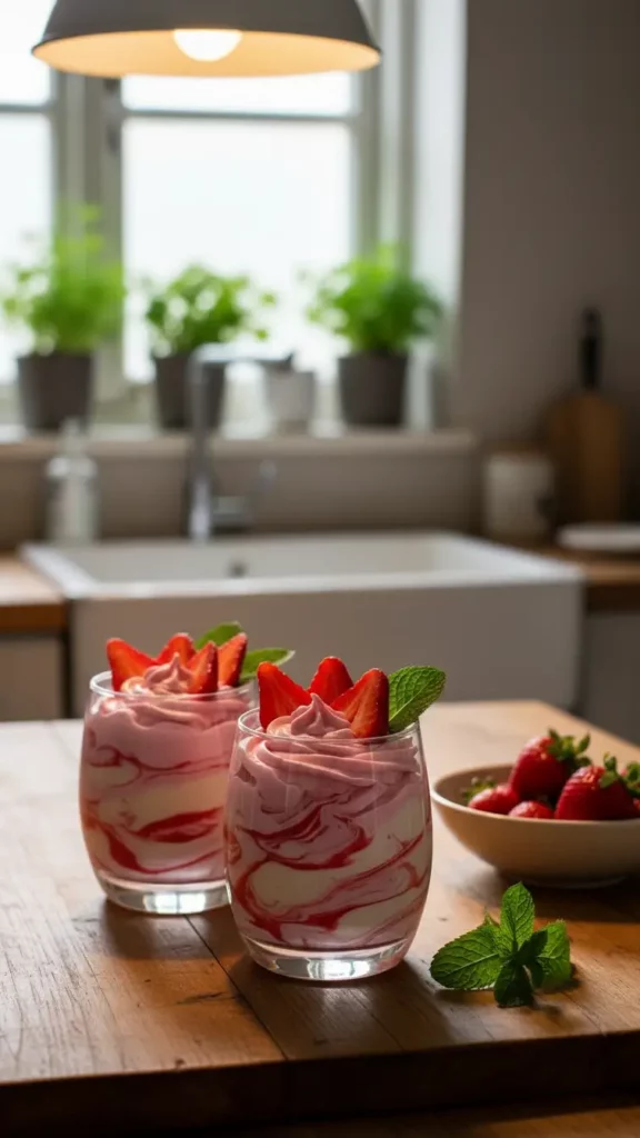 Creamy French strawberry mousse on table