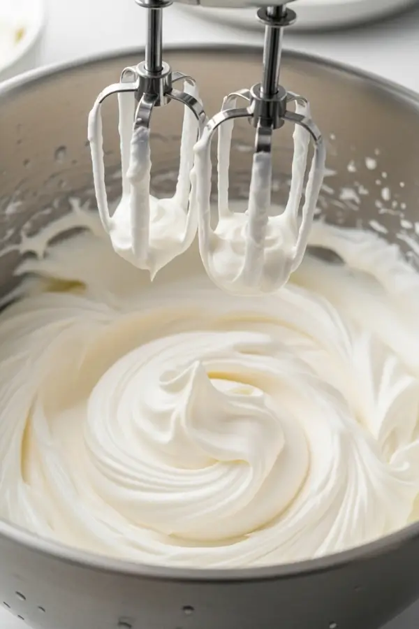 Cold heavy cream whipped to stiff peaks in a metal bowl