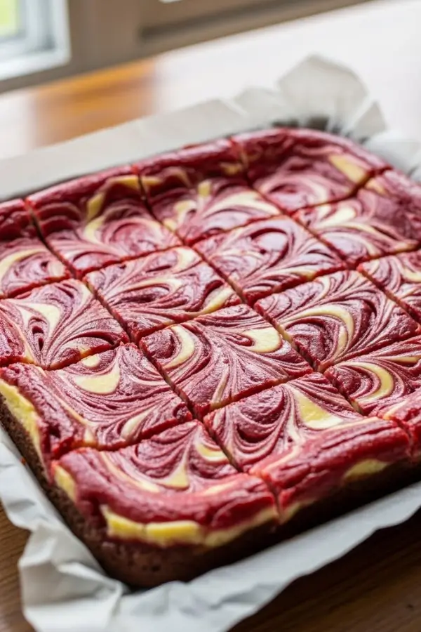 Marbled red velvet cheesecake brownies in a square pan
