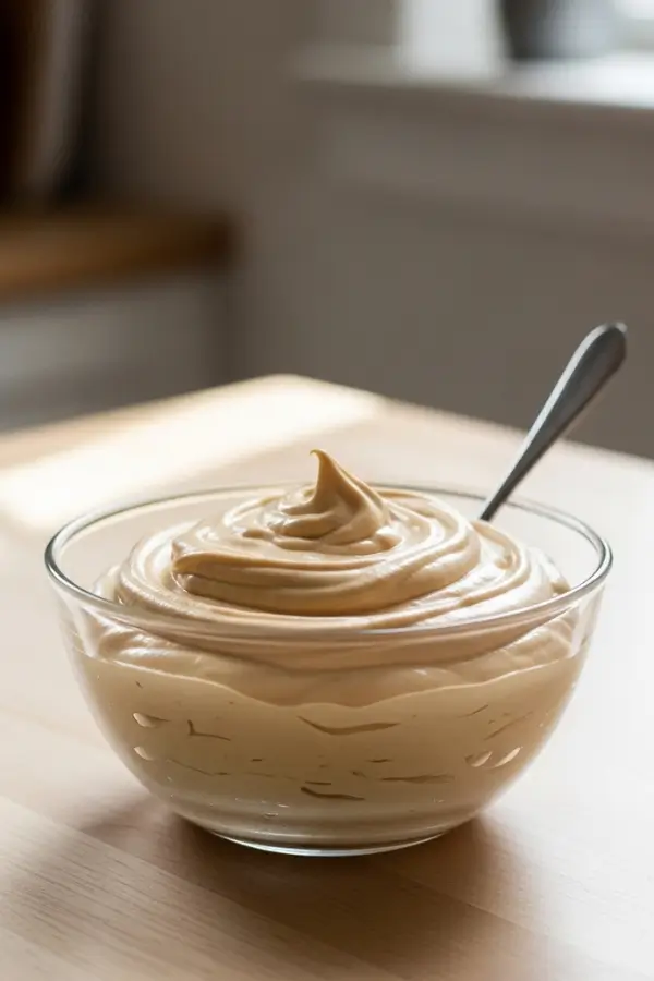 Fluffy peanut butter mousse in a glass bowl