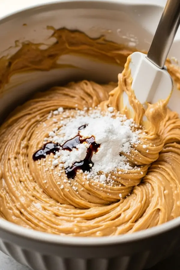 Whipped cream gently folded into peanut butter base, motion with spatula