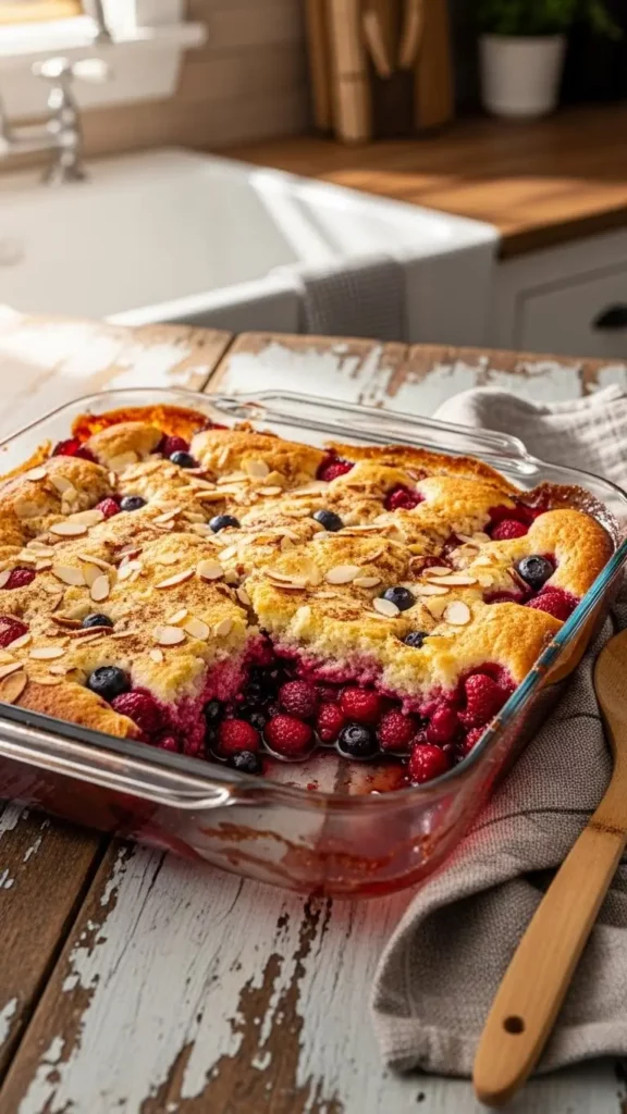 Golden triple berry dump cake in a 9×13 baking dish