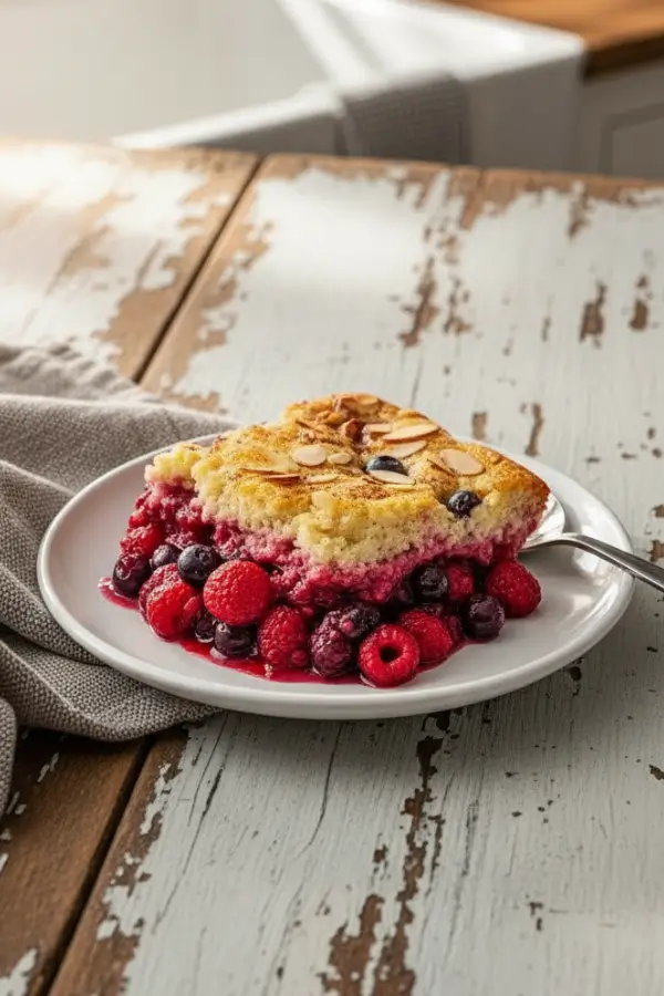 Golden triple berry dump cake in a small plate