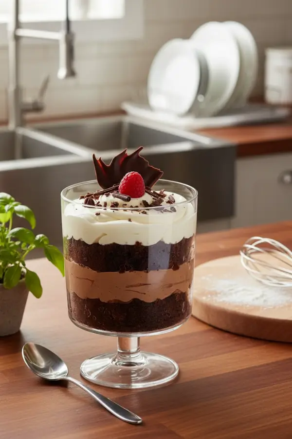 Triple chocolate trifle in clear glass bowl, elegant presentation