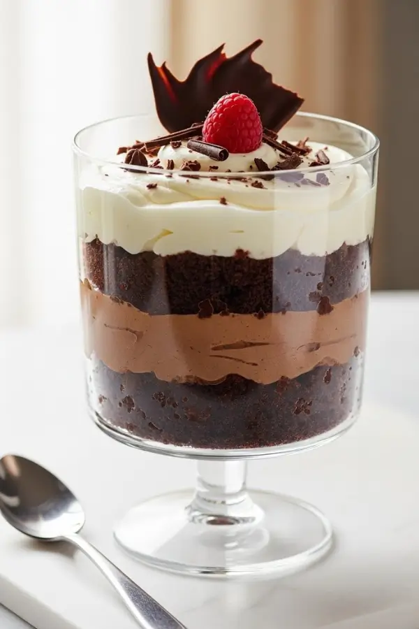 Triple chocolate trifle in clear glass bowl