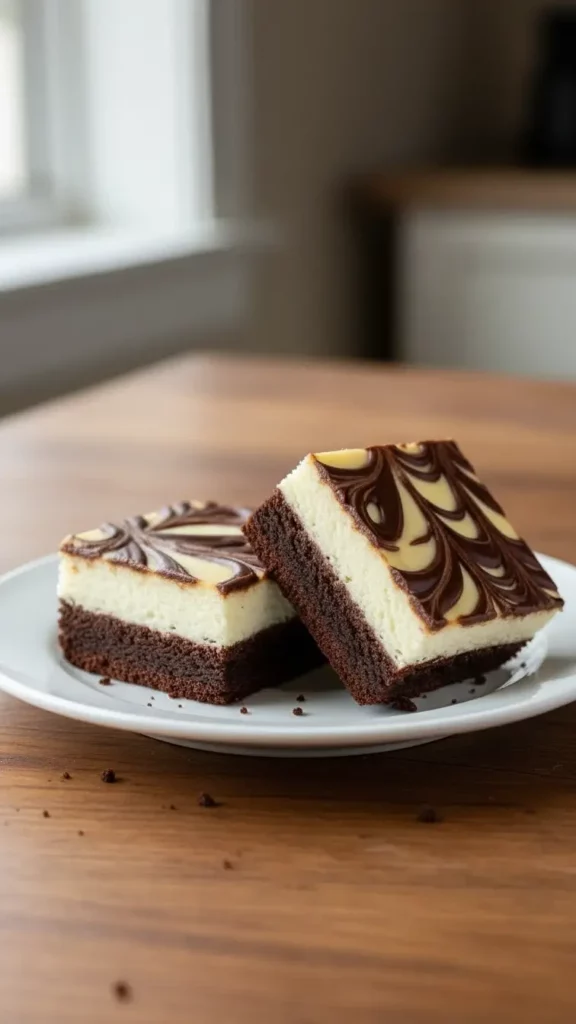 Two slice of Chocolate cheesecake brownie bars served