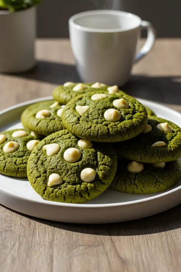 Vegan matcha white chocolate cookies on served in a plate