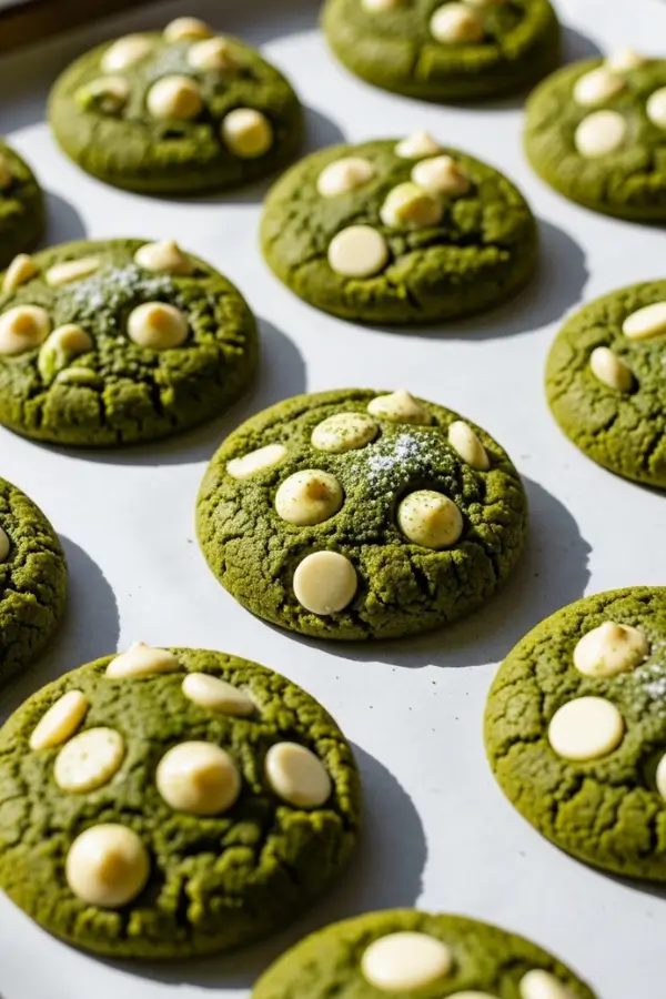 Vegan matcha white chocolate cookies on parchment-lined baking sheet