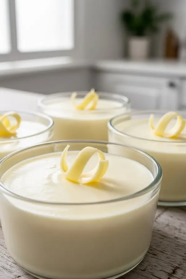 White chocolate mousse in glass ramekins, silky smooth and creamy texture