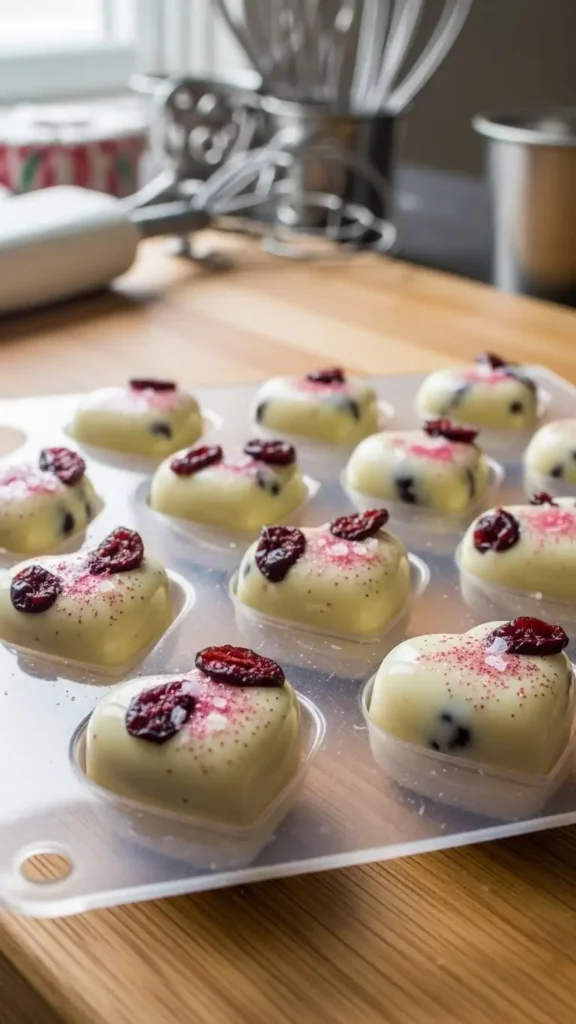 White chocolate heart-shaped candies with dried cranberries, set in a silicone mold