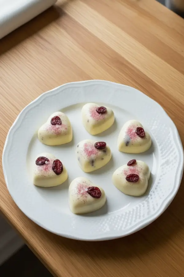 Glossy white chocolate heart-shaped candies in a small plate