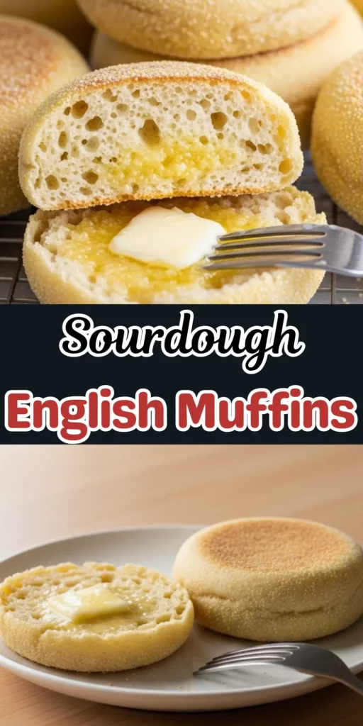 Two image collage of Sourdough discard English muffins