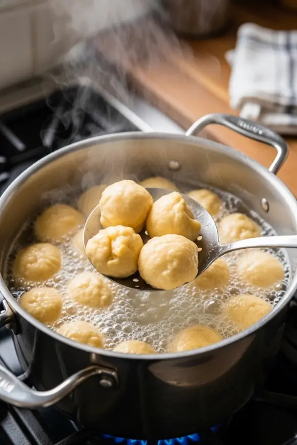 Pretzel dough bites floating in a bubbling baking soda bath inside a large pot