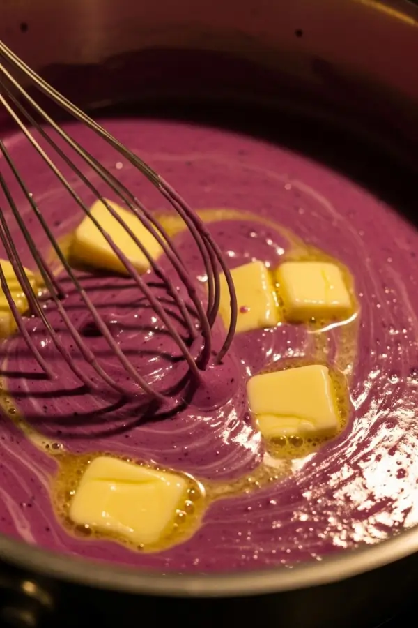 Close-up of rich blueberry curd being whisked in a saucepan