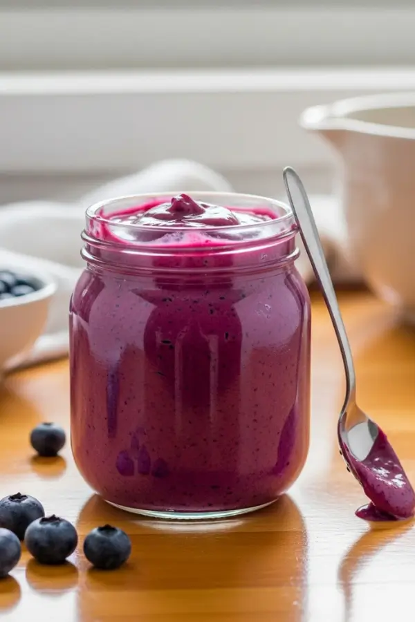 Silky blueberry curd in a glass jar, deep purple and glossy