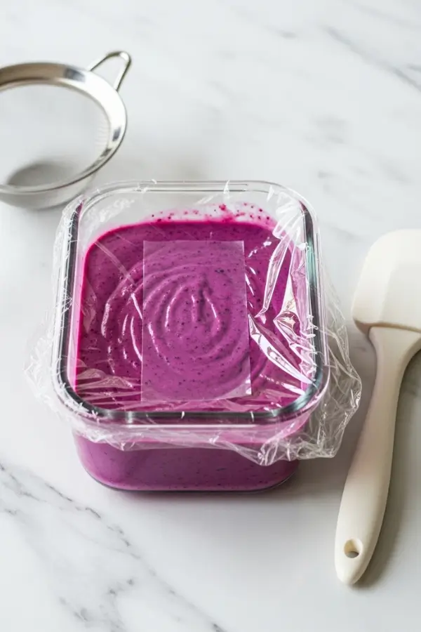 Fresh blueberry lemon curd cooling in a glass container