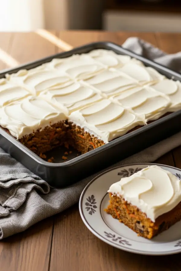 Moist carrot cake bars in a 9x13 pan topped with thick, creamy cream cheese frosting