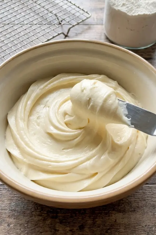 Cream cheese frosting swirled high in a mixing bowl