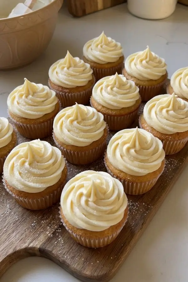 Decorated cupcakes with cream cheese frosting