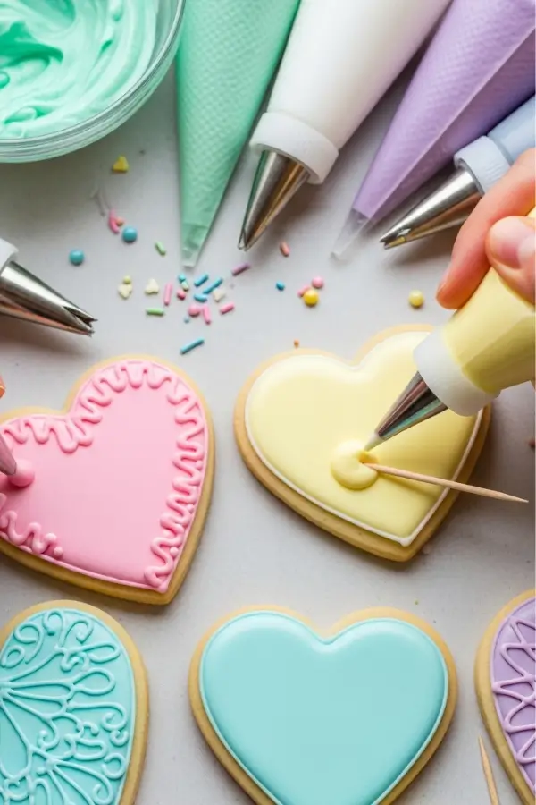 Heart cookies being outlined and flooded with pastel royal icing, piping bags and squeeze bottles in use, toothpick smoothing icing