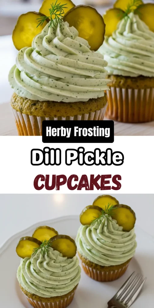 Two image collage of Dill Pickle Cupcakes with Herby Frosting