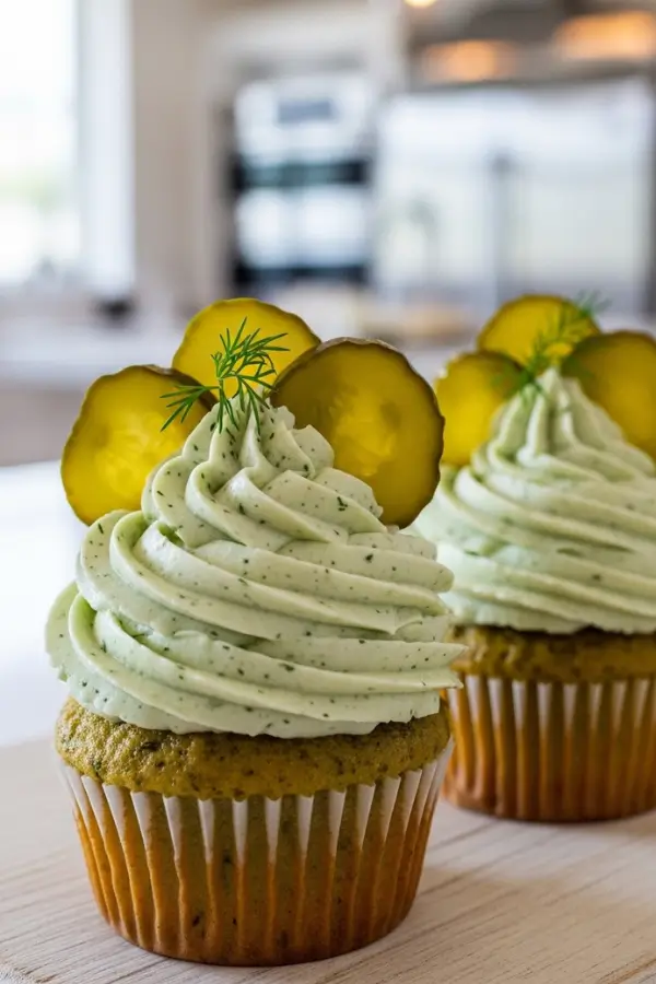 Tangy Dill Pickle Cupcakes with Herby Frosting