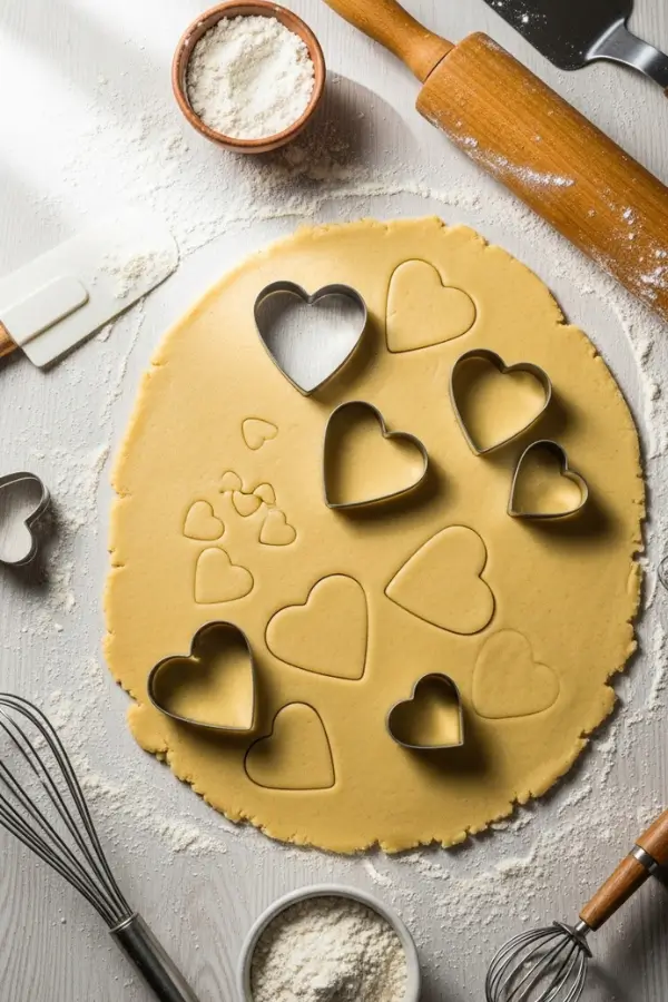 Rolling sugar cookie dough on a floured surface, heart-shaped cookie cutters pressed into dough, baking tools scattered around