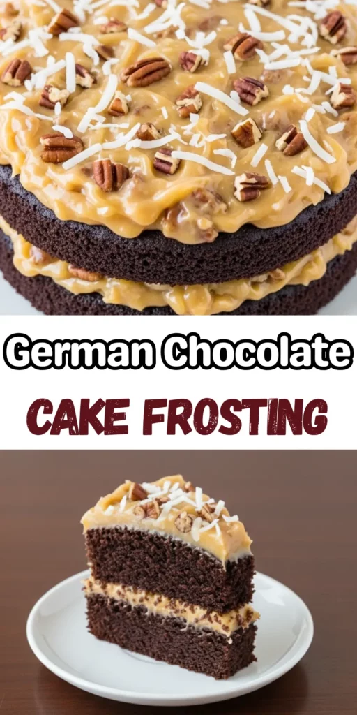 Two image collage of German chocolate cake frosting