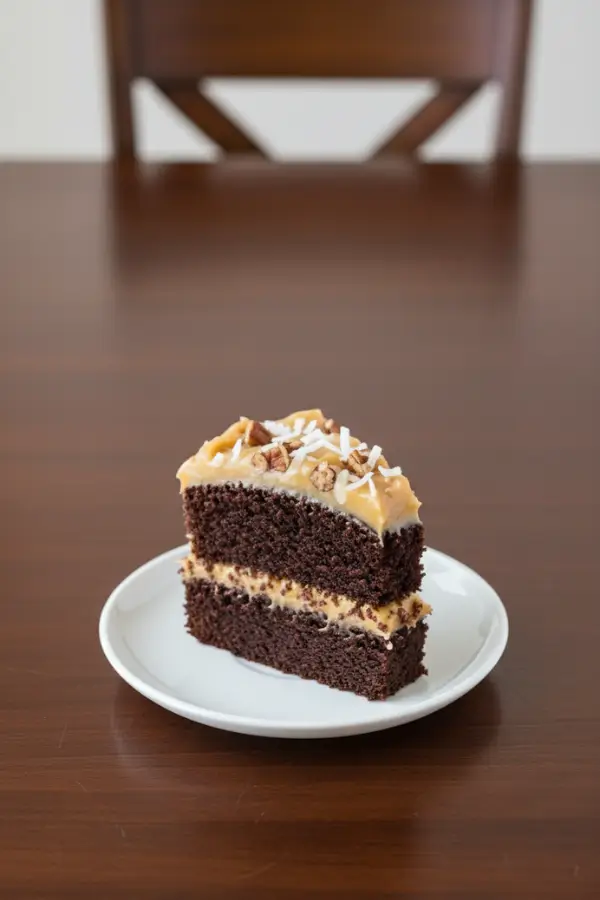 German chocolate cake frosting slice served