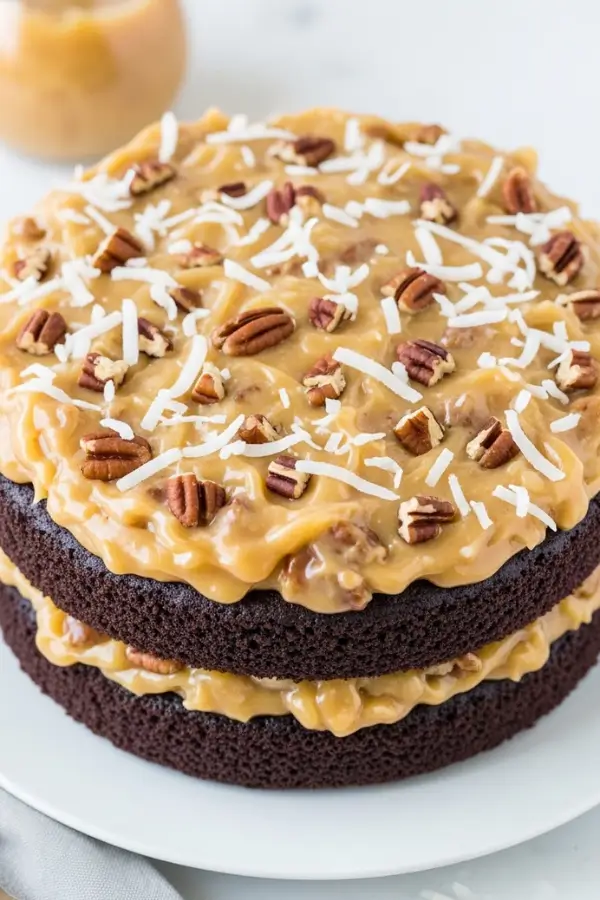 Two layer rich German chocolate cake frosting with golden caramel custard base