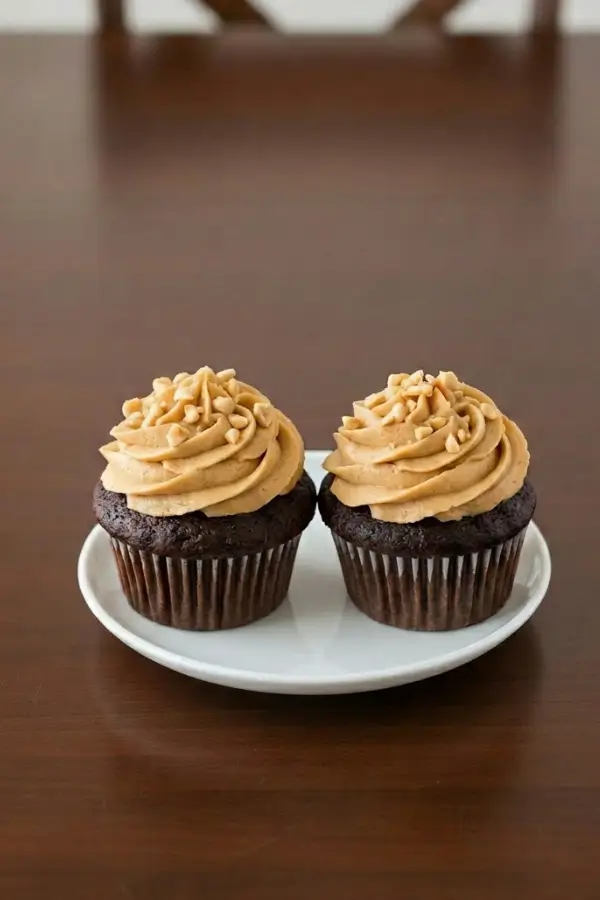 Two chocolate cupcakes decorated with peanut butter frosting