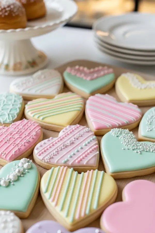 Heart-shaped sugar cookies decorated with smooth pastel royal icing