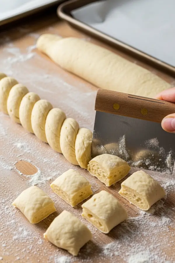 Hand cutting rolling pretzel dough in a floured surface