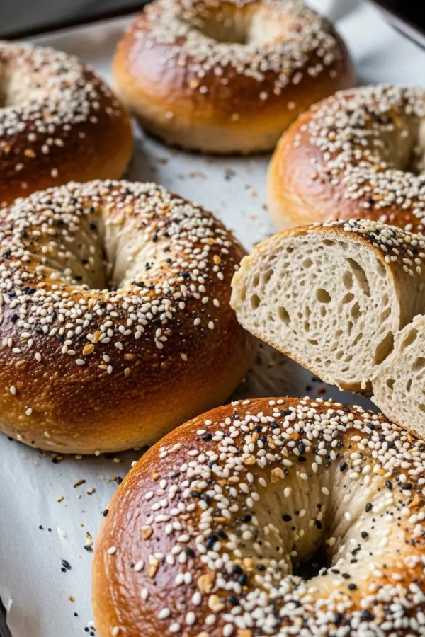 Freshly baked sourdough bagels with deep golden crust on parchment