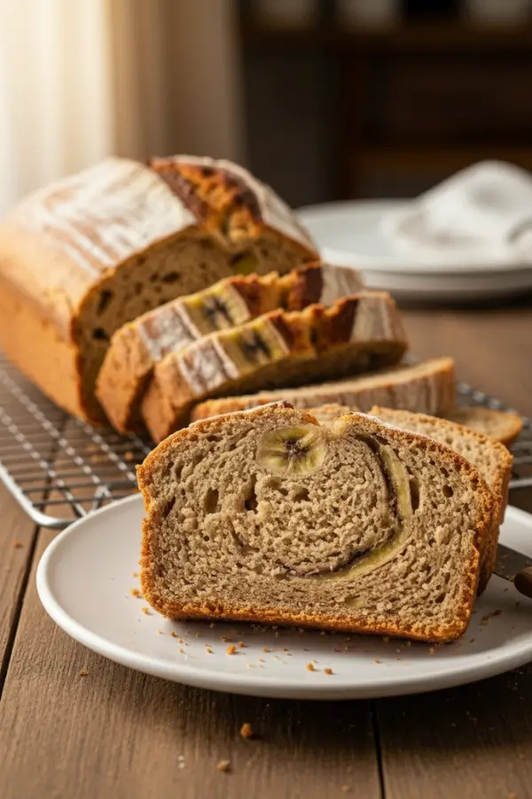 Moist sourdough banana bread loaf with golden-brown crust