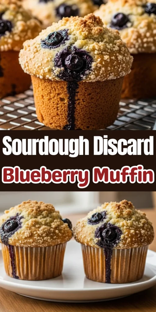 Two image collage of sourdough blueberry muffins