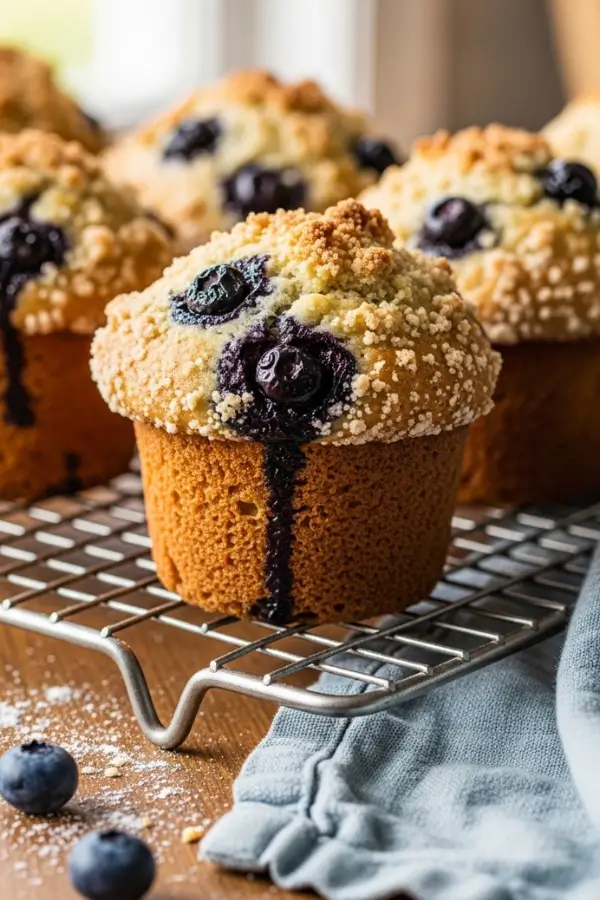 Sourdough blueberry muffins with golden crumb topping
