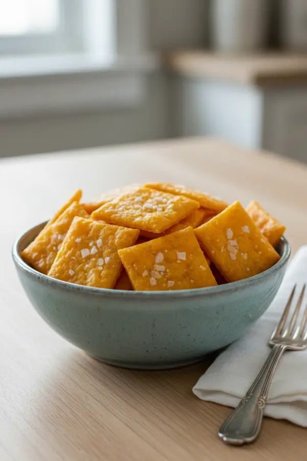 Sourdough cheddar cheese crackers in bowl