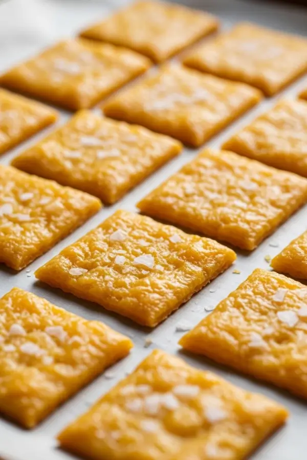 hin sourdough cheddar cheese crackers on parchment-lined baking sheet
