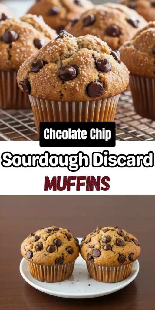 Two image collage of sourdough chocolate chip muffins