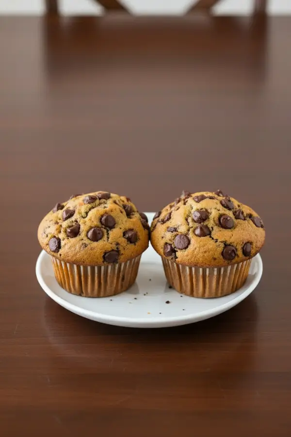2 sourdough chocolate chip muffins on a dinning table