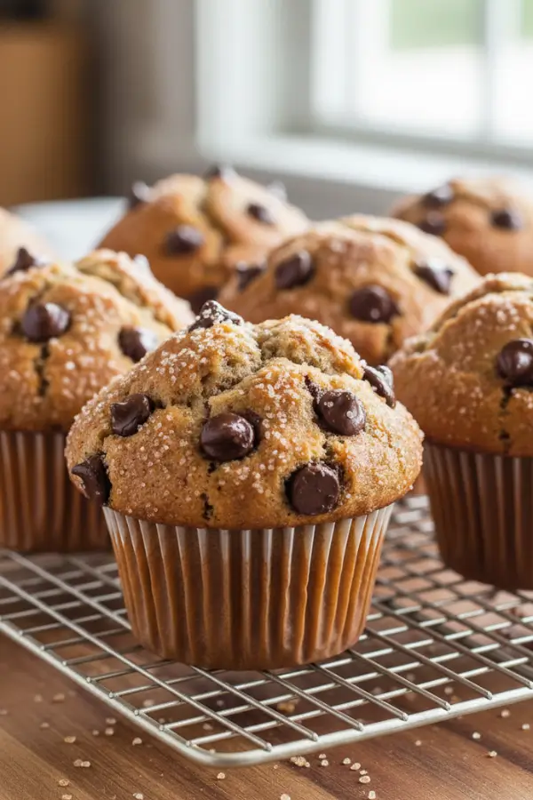 Sourdough chocolate chip muffins with tall domed tops on a cooling rack