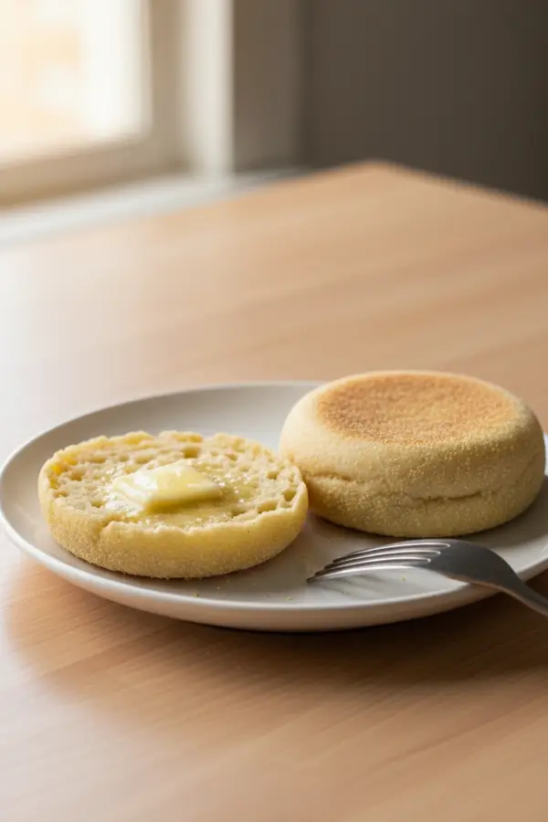Sourdough English muffins lightly toasted with melted butter